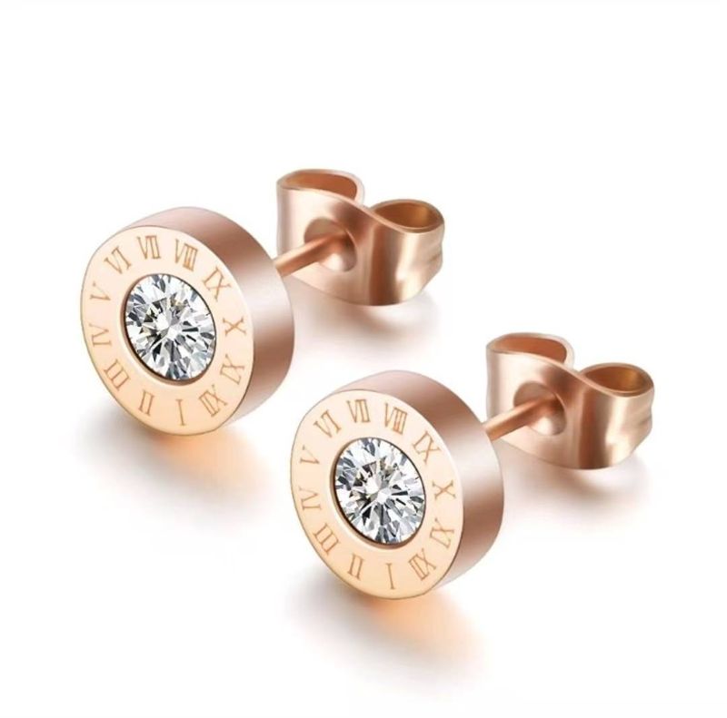 ROVSKI JEWELRY Divatos és egyszerű kerek gyémánt római számmal ellátott titán acél fülbevaló nőies és sokoldalú ékszer_voghion.com