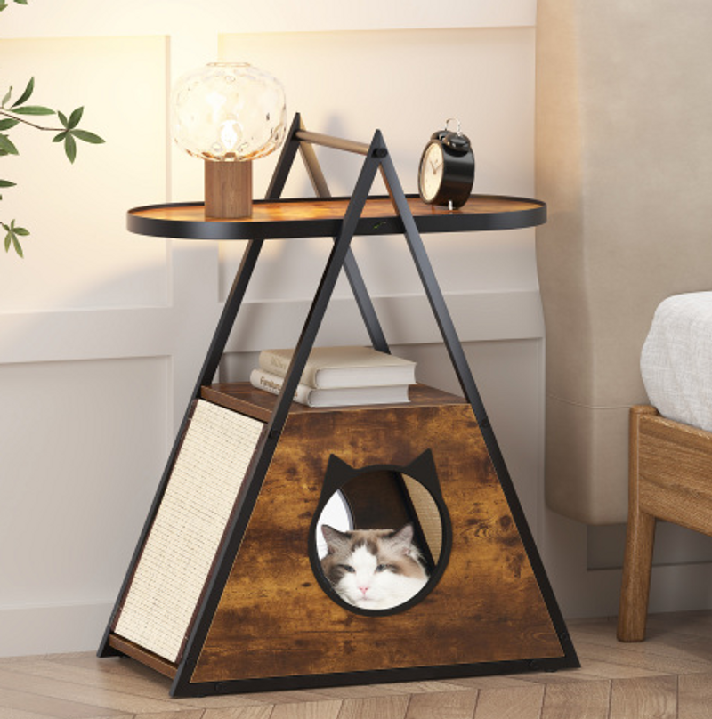 Cat House End Table Wood Cat Condo Black Vintage Pet House_voghion.com