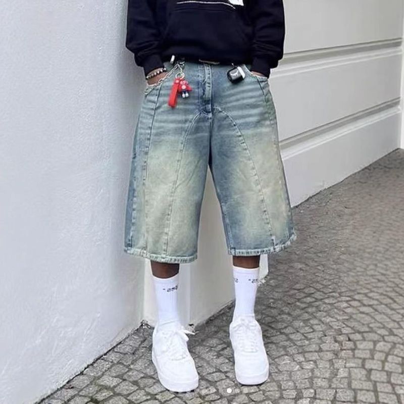 Men's Clothing Retro Washed High Street Denim Shorts For Men And Women Straight Wide Leg Distressed Loose Casual Versatile Seven Points_voghion.com