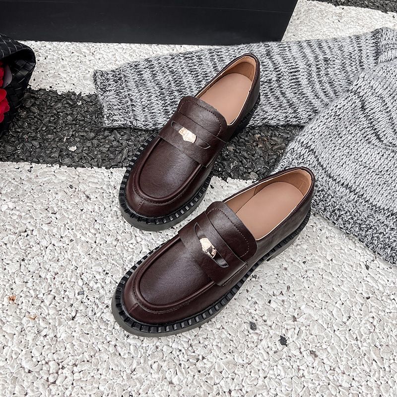 New slip-on small leather shoes niche retro chunky single shoes_voghion.com