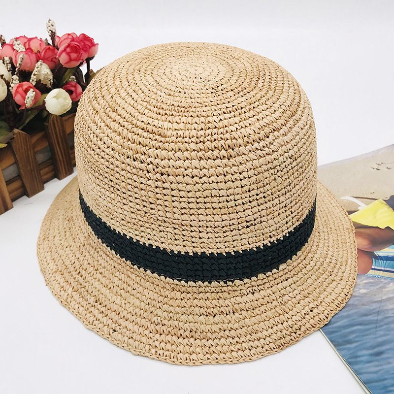 Natūralios rafijos spalvos sulankstoma nerta kepurė nuo saulės su flanšiniu kraštu_voghion.com