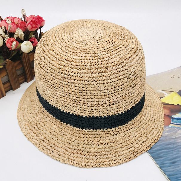 Natūralios rafijos spalvos sulankstoma nerta kepurė nuo saulės su flanšiniu kraštu_voghion.com