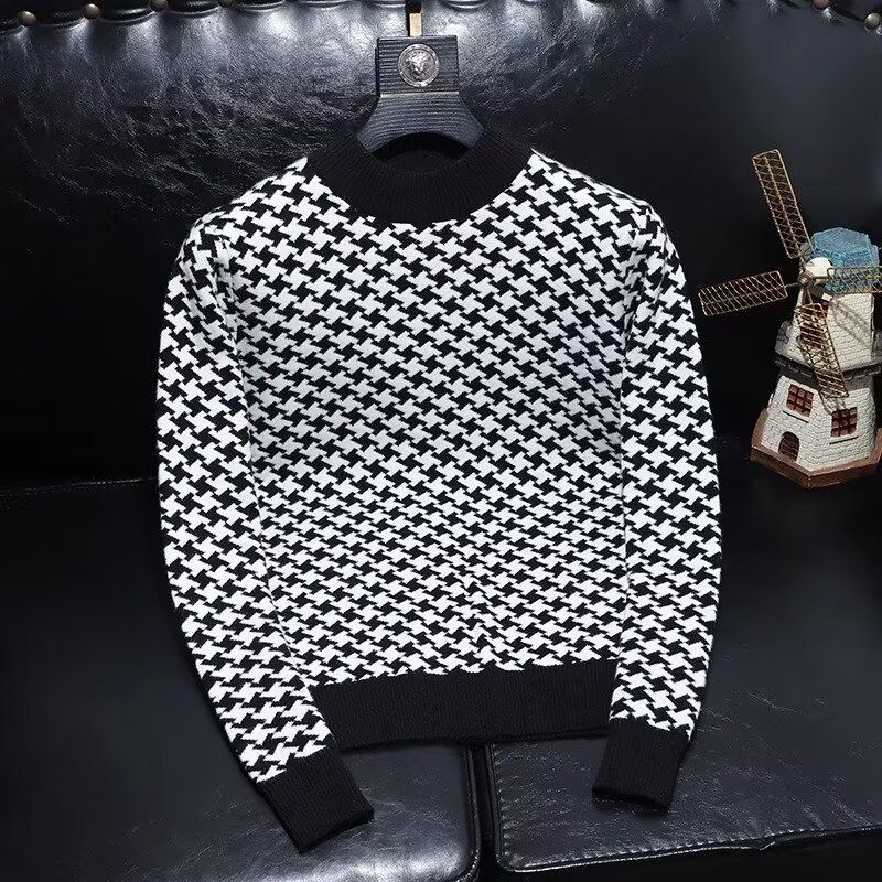 Suéter de cuello redondo con diseño de pata de gallo para hombre, suéter de punto atractivo y versátil, tendencia informal de alta gama para hombre_voghion.com