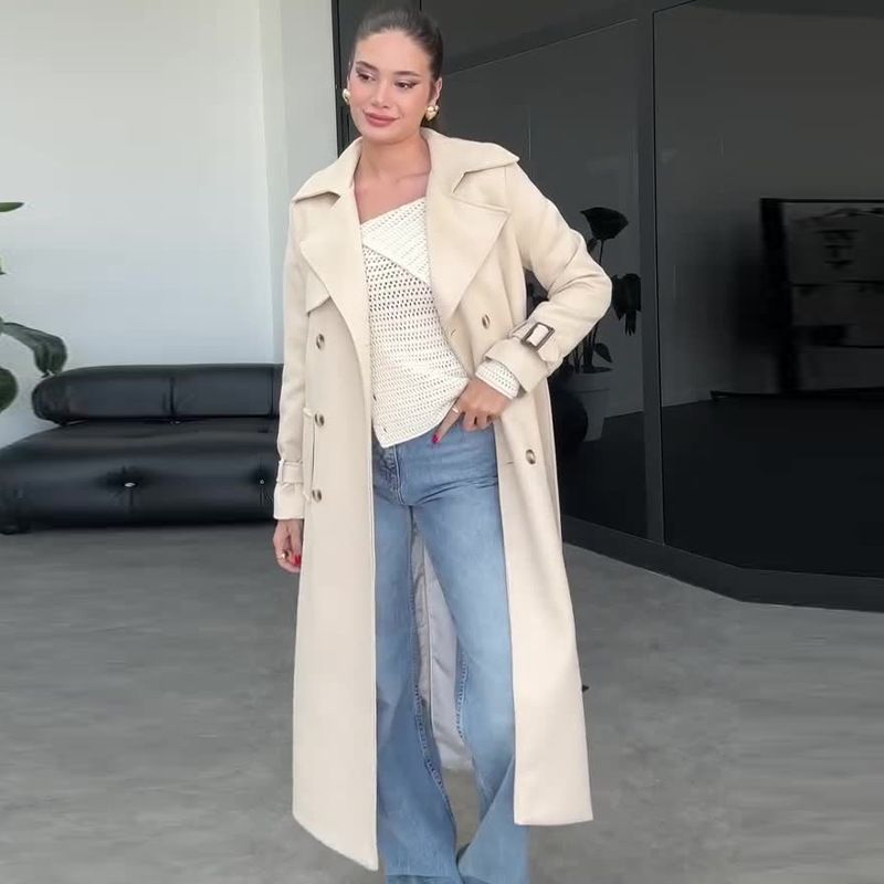 Damenbekleidung Herbst Neue britische Art Revers Mittellange Schlanke Windjacke_voghion.com