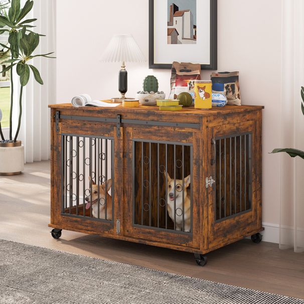 Sliding Door Dog Cage With Partition For Two Puppies, Rustic Brown, 39.37'' W X 25.20'' D X 28.94'' H_voghion.com