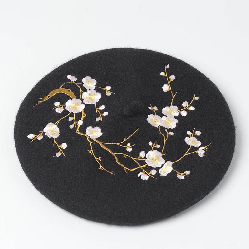 Hot Sale Embroidered Flower Wool Beret Korean Autumn Winter Hats For Women Ladies Painter Cap Vintage Bonnet Beanie Chapeau Femme_voghion.com