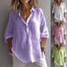 Camicia casual da donna in lino con scollo a V, manica lunga, ampia, traspirante e comoda, per la primavera e l'estate, elegante top tunica in tinta unita._voghion.com