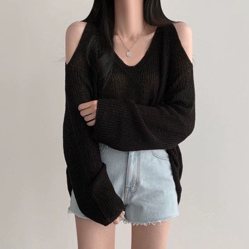 2024 Autunno Nuovo Coreano Chic Lazy V-collo Off-spalla Casual Protezione Solare Maglia Top per le Donne_voghion.com