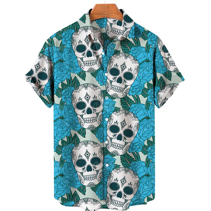 Chemise hawaïenne à imprimé tête de mort pour homme, manches courtes, ample, respirante, style hip-hop, Harajuku, surdimensionnée, 5XL_voghion.com