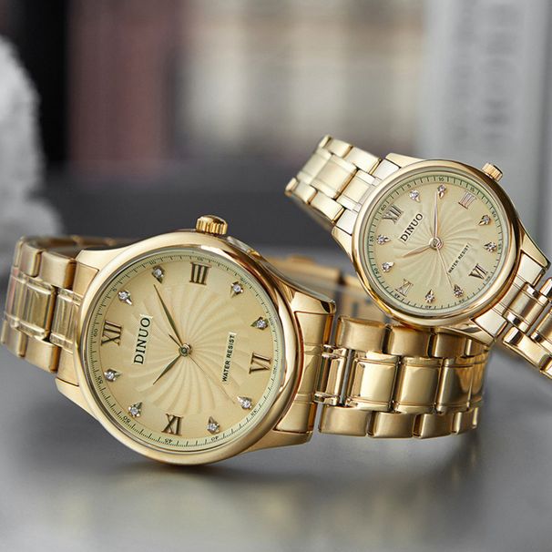 DINUO_B Paaruhr für Herren und Damen, Doppelkalenderscheibe, schlichtes, modisches Temperament, goldener Stahlgürtel, römische Oberfläche_voghion.com