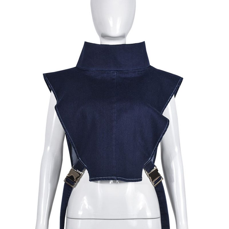 European And American Women's Clothing 2025 Spring New Fashion Lace Stand Collar Casual Denim Vest Top_voghion.com