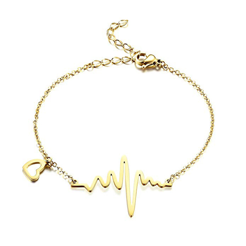 Electrocardiogram Anklet Women's Love ins Internet Celebrity Girl Sense Student Rose Gold Fresh Titanium Steel Color-free Foot Chain_voghion.com