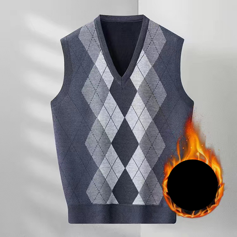 Men's Clothing A generation of autumn and winter men's plus velvet padded V-neck rhombus vest casual jacquard sweater pullover vest_voghion.com