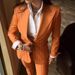 Elegant Striped Blazer & Trousers Set – Long Sleeve Notch Lapel, Wrinkle-Resistant Polyester & PU Blend (Orange, S/M/L/XL, Retro Office Chic)_voghion.com
