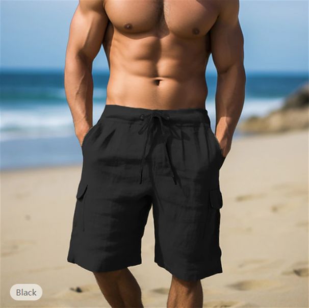 Herenkleding 2024 Zomer Katoenen en linnen shorts Trekkoord Elastische taille Rechte pijp Effen kleur Ademend Dagelijks strand Vijfpunts casual shorts_voghion.com