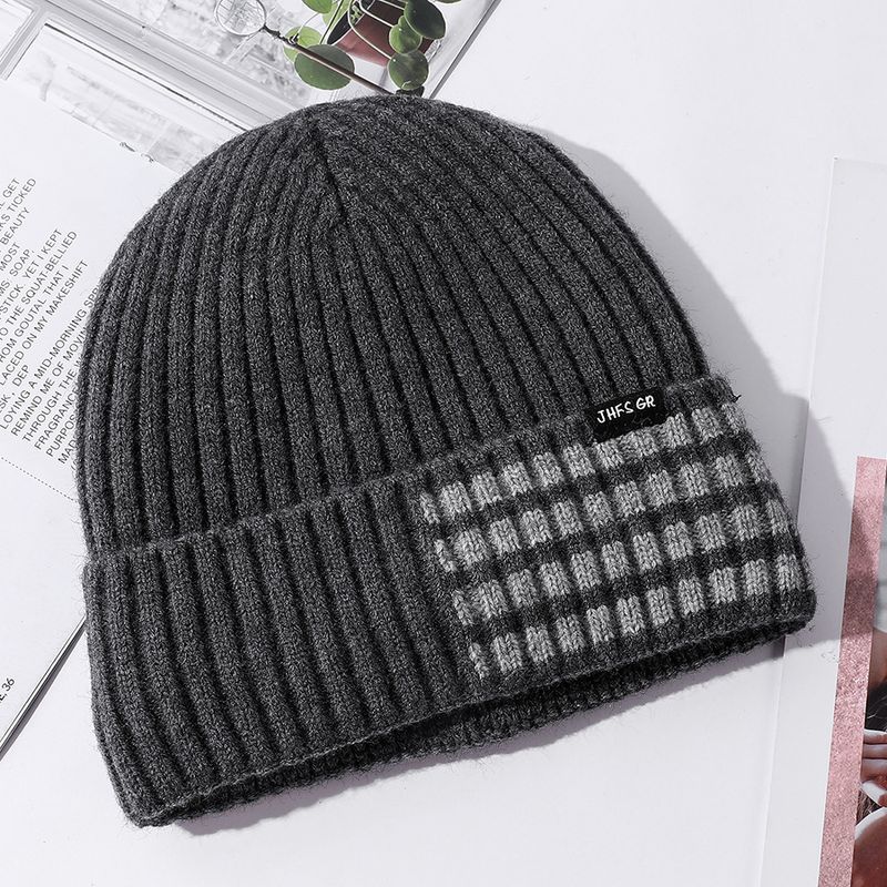 Gebreide muts voor heren winter dikke oorbescherming trui hoed met hoge elasticiteit, effen kleur, pluche en warme buitenfietshoed_voghion.com