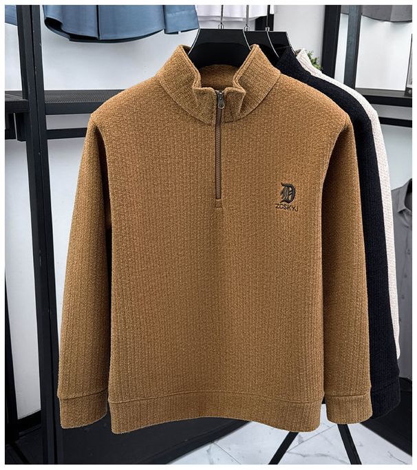 Herren-Sweatshirt im Streetwear-Stil mit Stehkragen, gefüttert mit schwerem Fleece und halbem Reißverschluss, bestickt (L-4XL) – Lässiges, langärmeliges Thermoshirt_voghion.com