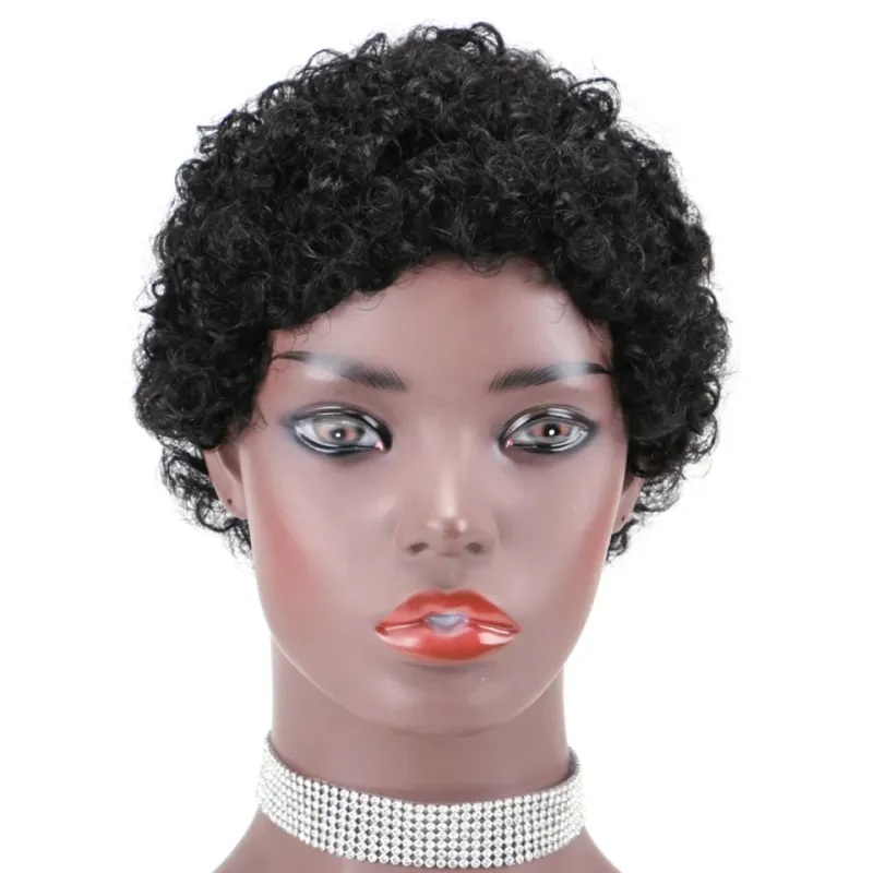 Ekte hårparykk Pixie Kortklippet Afro Krøllete Remy Hår Kvinner Full Maskinprodusert Parykk_voghion.com