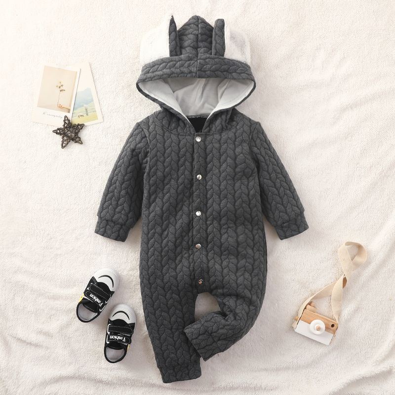 Mameluco de algodón suave con capucha y orejas de conejo para bebés de 0 a 18 meses (gris/rosa)_voghion.com