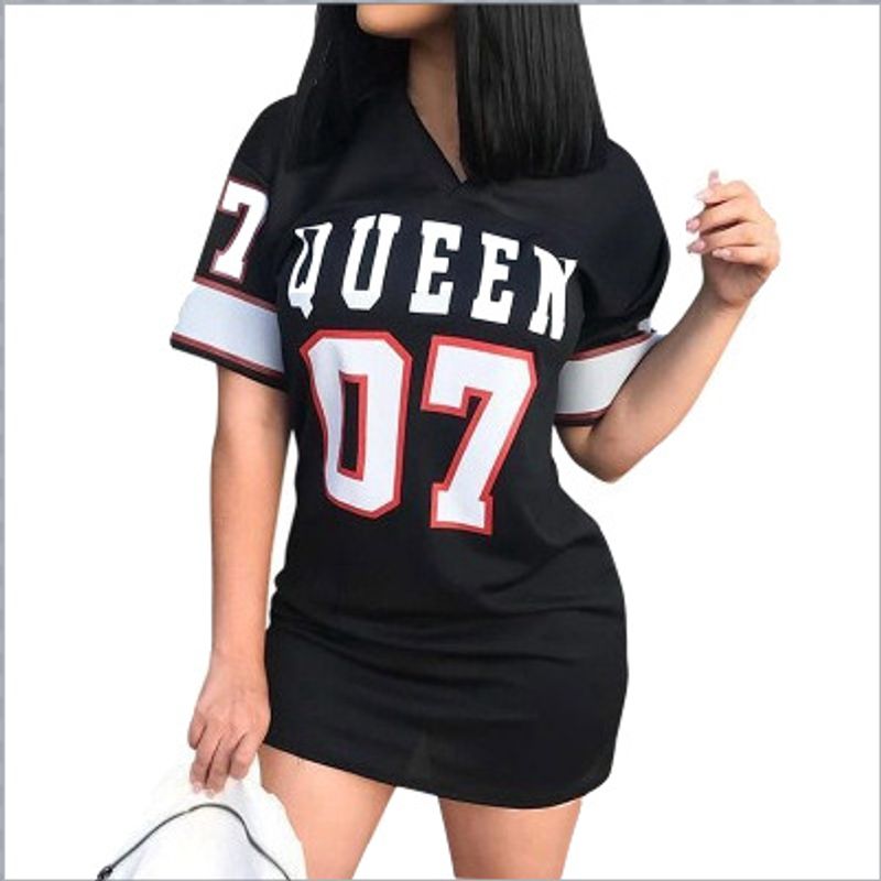 [Jersey] Women's Clothing Printed Large Size Loose Ladies Casual Fashion Short-sleeved T-shirt Dress_voghion.com