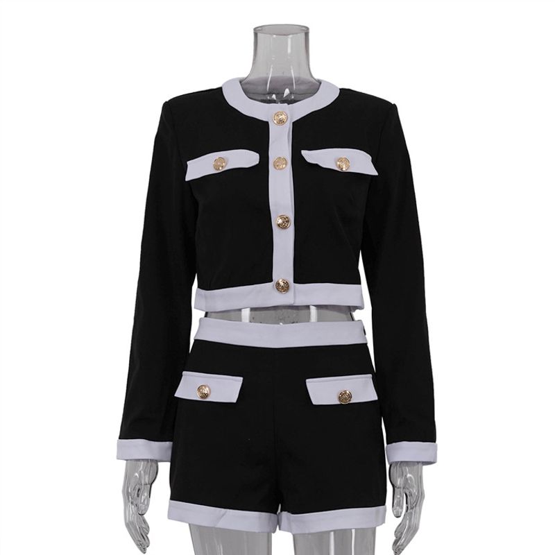 Kadın Giyim Siyah Beyaz Kontrast Moda Takım Elbise Ekleme Tasarım Uzun Kollu Hırka Kısa Üst Ve Şort İki Parça Takım Elbise_voghion.com