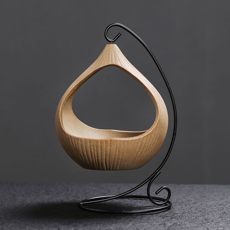 1pc Iron Frame Hanging Basket Ceramic Incense Burner With Creative Ceramic Sage And Peruvian Wood Tray (Without Incense)_voghion.com