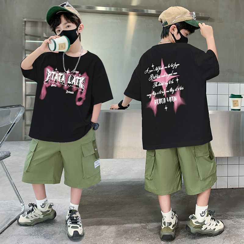 Conjunto de camiseta gráfica de manga corta y pantalón corto de algodón de largo medio para niño: un conjunto transpirable de verano para adolescentes (8-16 años)_voghion.com
