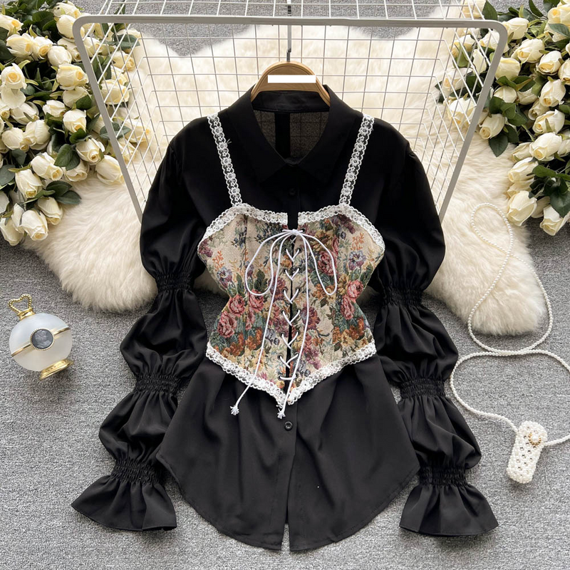 Damenbekleidung Frühling und Sommer Neues Design Retro-Muster Bandage Oberbekleidung Kleine Weste Mittellanges A-Linien-Puffärmelhemdkleid_voghion.com