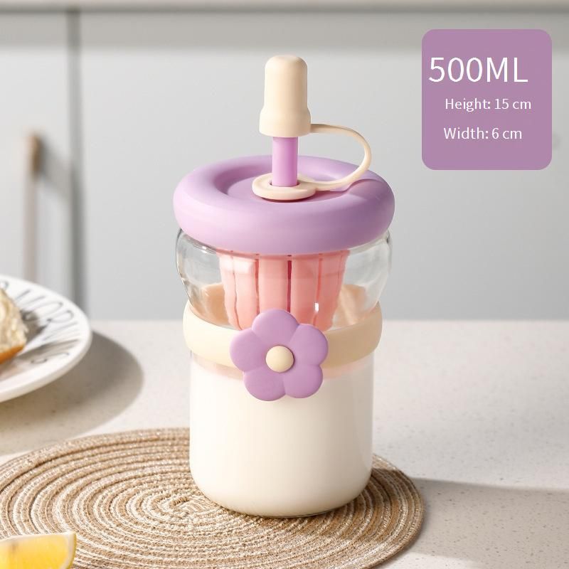 Elegant Floral Glass Tumbler With Straw Minimalist Home Drinking Cup 450ml Portable Gift Ready BPA-Free_voghion.com
