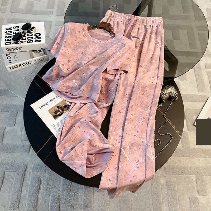 Women's Clothing Fashion Sports Casual Suit Pink Tie Dyed Short Sleeved Top Wide Leg Trousers Two Piece Suit_voghion.com