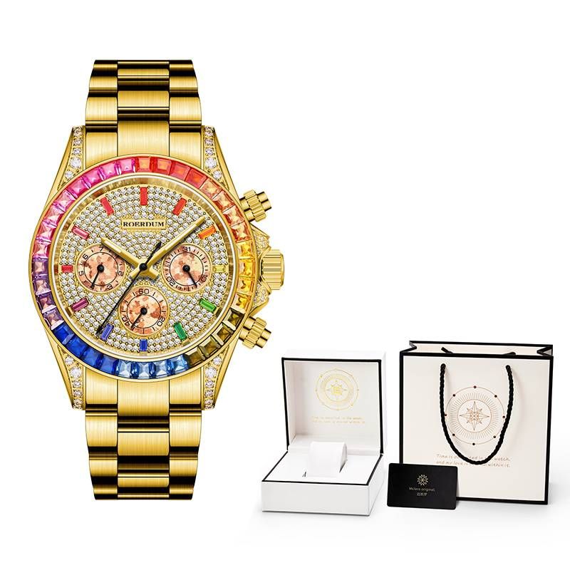 ROERDUM Daytona Rainbow Collection - Gold-Tone Bracelet，Multicolor Gradient Dial ，Premium Men's Automatic Mechanical Watch_voghion.com