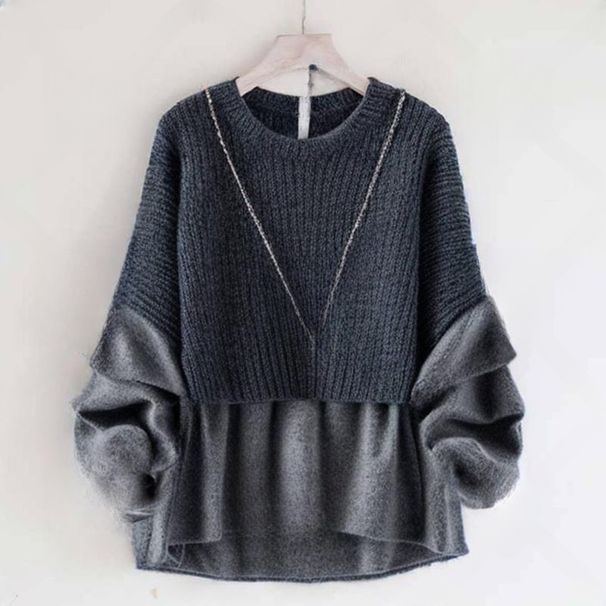 Korean-Inspired Oversized Layered Knit Sweater - Round Neck Cotton Blend Pullover (S-L, Grey/Black)_voghion.com
