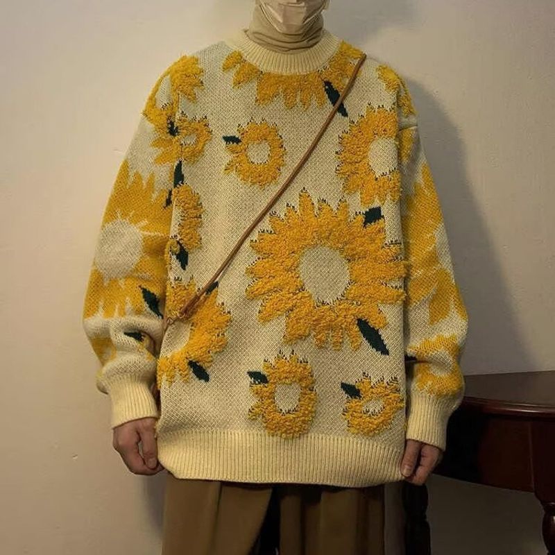 New autumn and winter vintage sunflower sweater for men and women, versatile and suitable for couples, long sleeved knit sweater_voghion.com