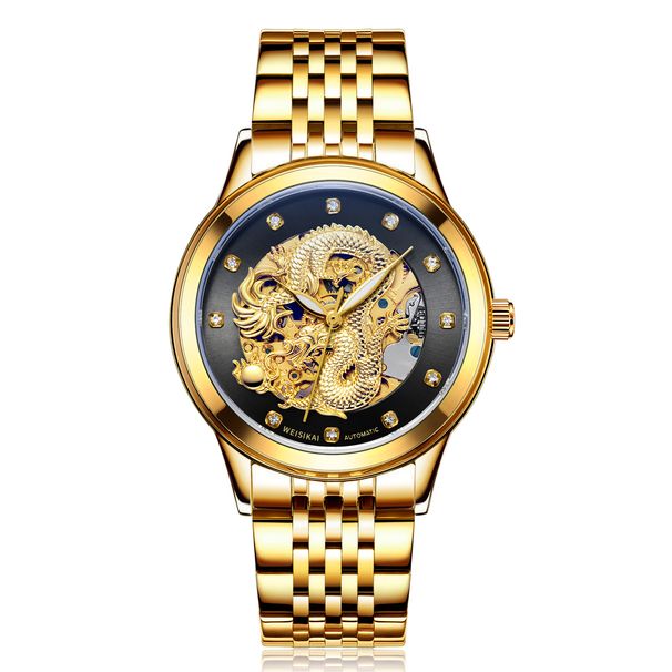 WEISIKAI Men's Gold Fully Automatic Mechanical Watch With Hollow Carving Dragon Diamond Surface Mechanical Watch_voghion.com