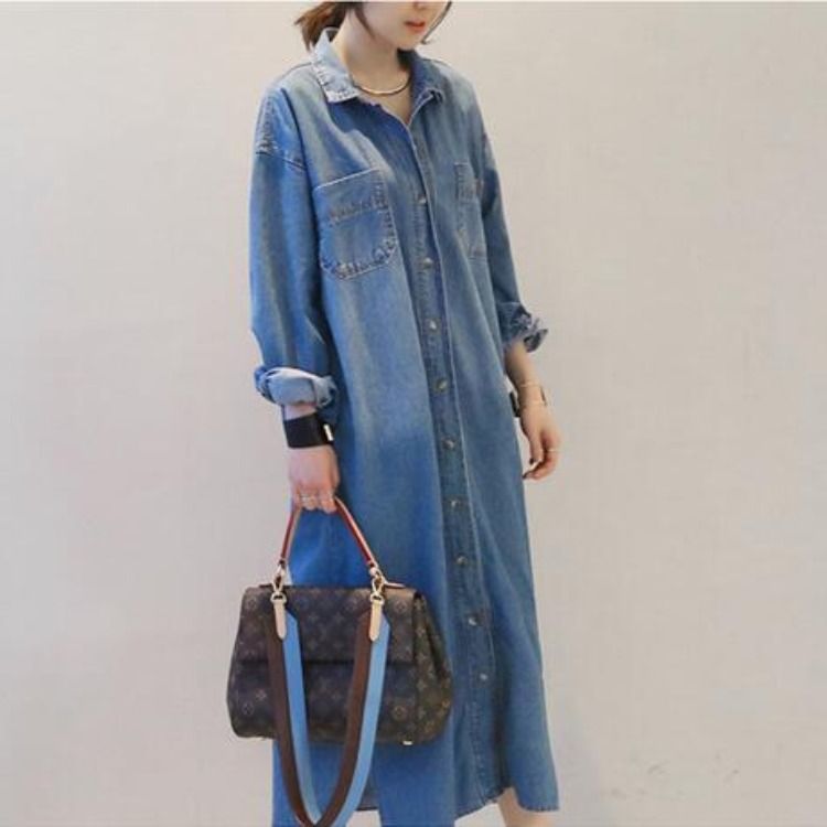 Printemps et automne nouveau style denim grand long fendu lâche coupe-vent manteau vêtements pour femmes_voghion.com