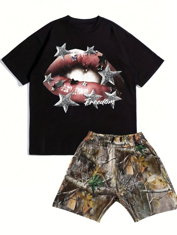 Vêtements pour hommes, style estival, mode urbaine, noir, manches courtes et short camouflage_voghion.com