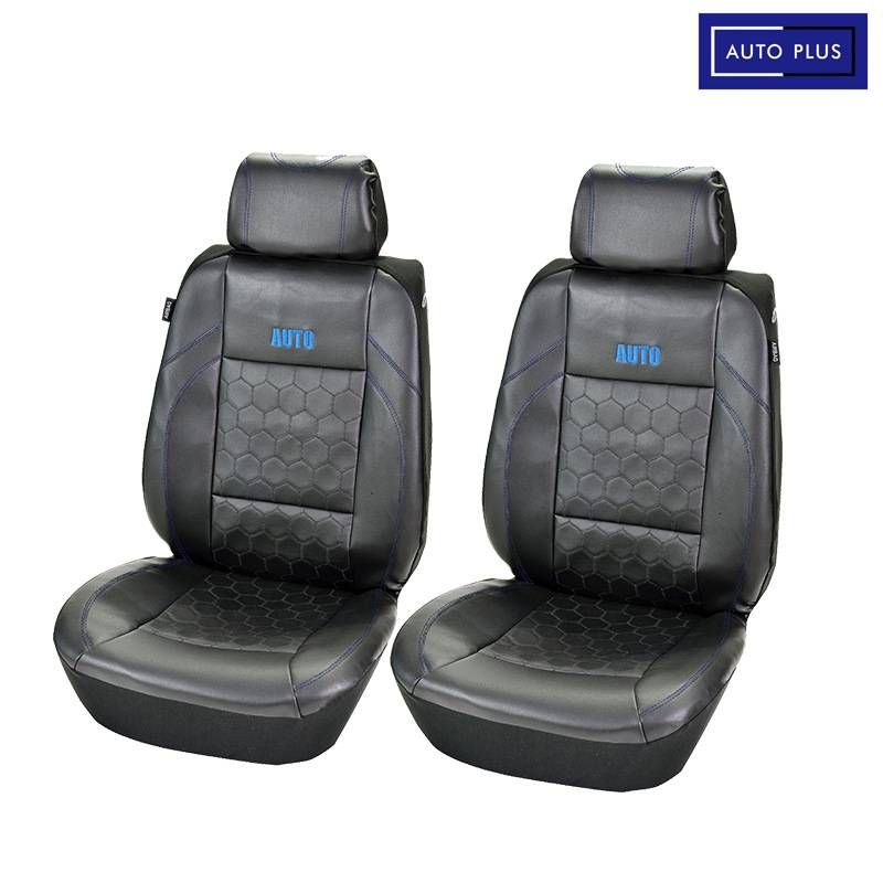 Two front car seat covers black football embroidery PVC splicing black PVC three-dimensional pressure line_voghion.com