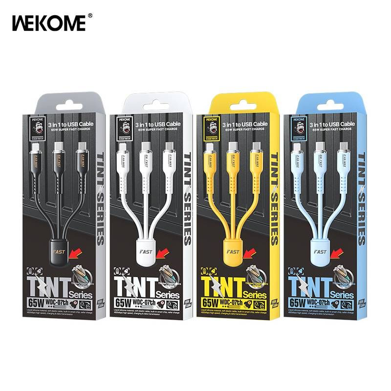 WEKOME WDC-07th Tint Series Real Silicon 3-in-1 Super Fast Charging Data Cable 66W 4-Pack (Yellow+Blue+Black+White) 3.937FT_voghion.com