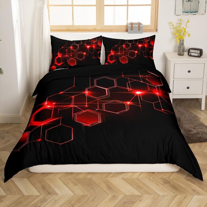 Honeycomb Duvet Cover Set Double Size For Kids Boys Girls Teens Red Neon Hexagonal Pattern Bedding Set Geometric Beehive Comforter Cover With_voghion.com