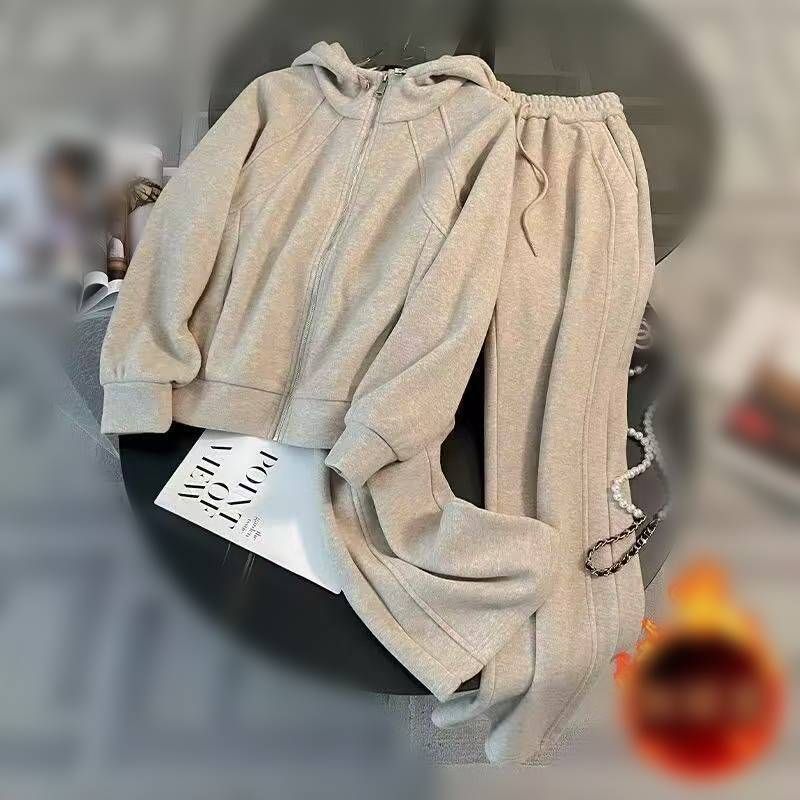 Dameskleding Modieus Abrikoos Casual Sportpak Herfst- en Wintermode Leeftijdsverminderend Kort Jasje Top Wijde Pijpen Broek Tweedelig Pak_voghion.com