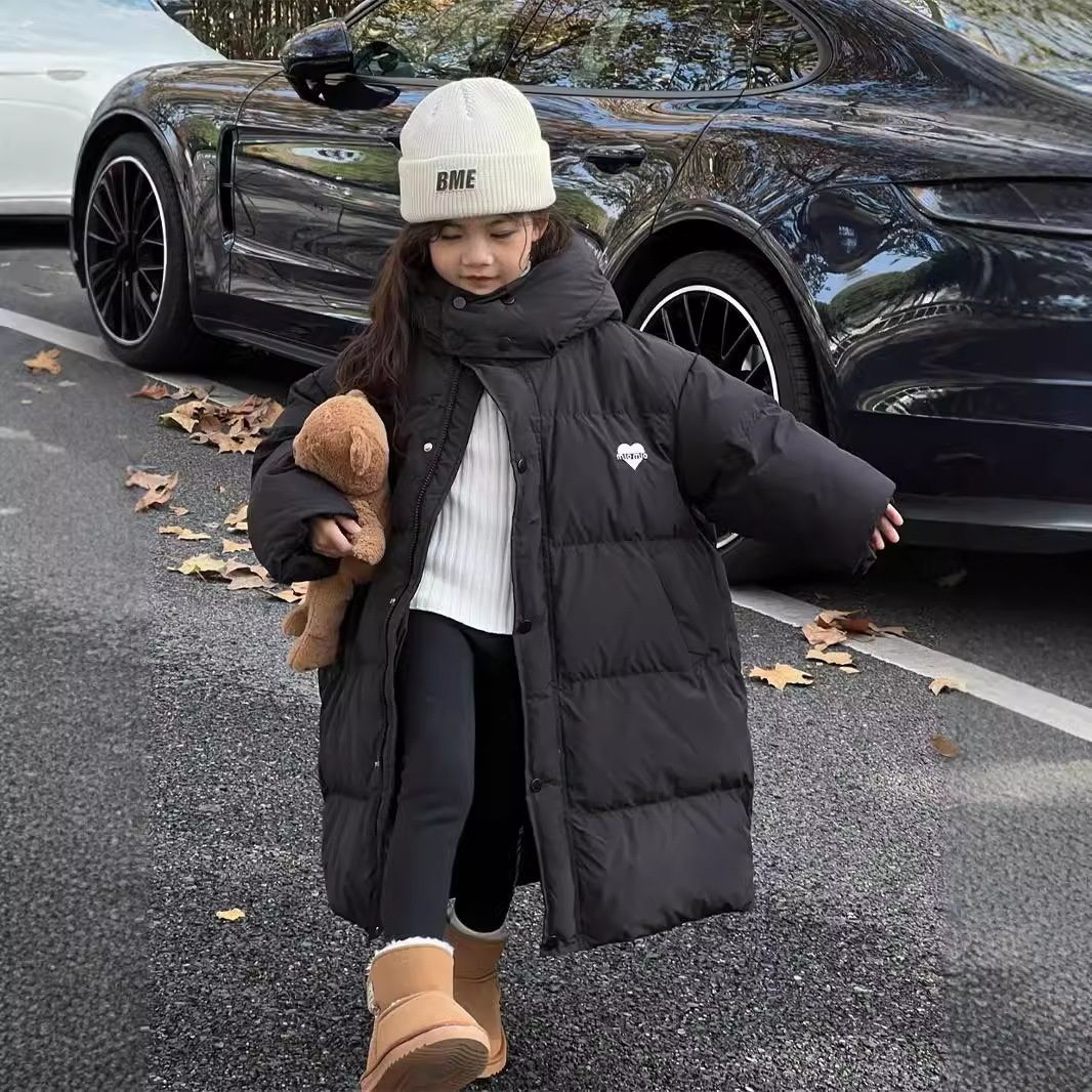 Langer Puffermantel im koreanischen Stil für Mädchen – Knielange Winterjacke mit Fleecefutter (ab 8 Jahren, 120–170 cm, Schwarz/Rot)_voghion.com