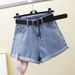 Black and gray denim shorts for female students in the summer of 2024, new rolled edge A-line that look slimming, Korean_voghion.com