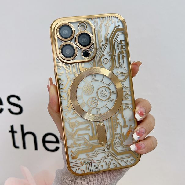Luxury Plating Gilt Mechanical Watch Pattern Magnetic Phone Case For iPhone 14 13 12 11 Pro Max 14 Plus Magsafe Protector Cover_voghion.com