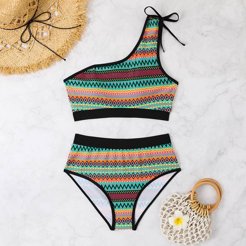European and American sexy split body swimsuit printed high waisted single shoulder lace up bikini for women_voghion.com