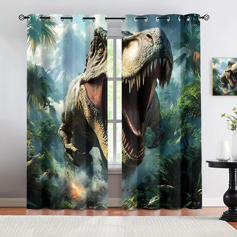 Primeval Forest 3D Dinosaur Blackout Curtains, Jurassic Tyrannosaurus Rex Patterned Curtains, Thermal Insulated Blackout Curtains For Bedroom_voghion.com