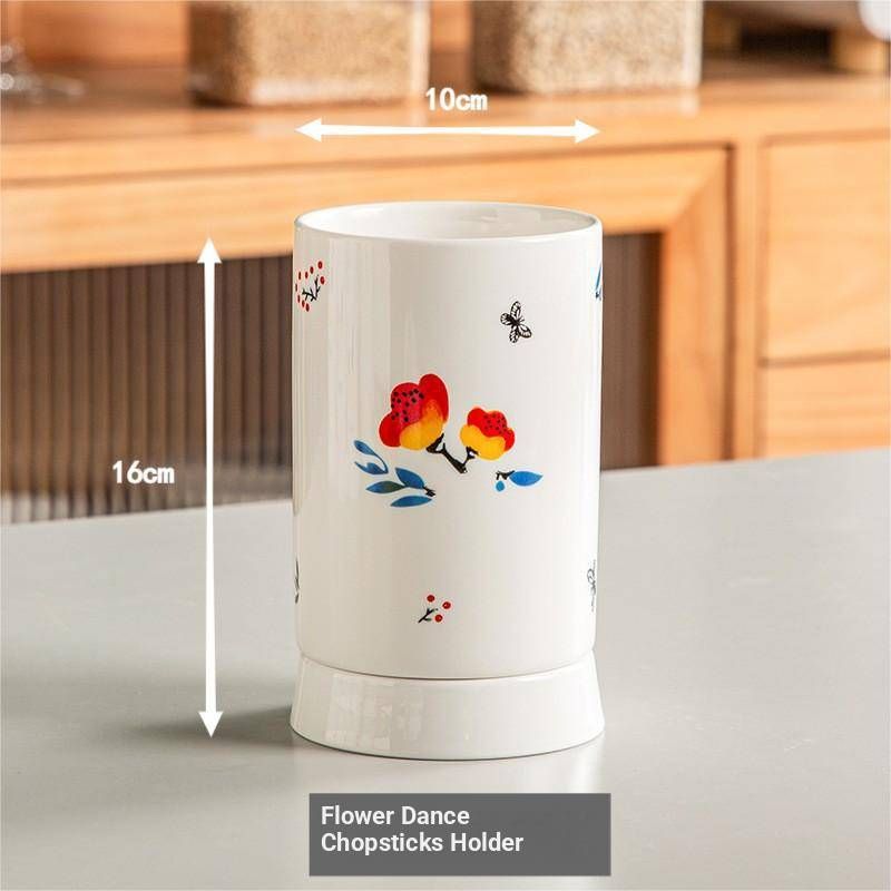 Porta bacchette in ceramica con vassoio di scolo - Elegante design con ananas e fiori, compatto organizer da cucina per utensili, cucchiai e coltelli_voghion.com