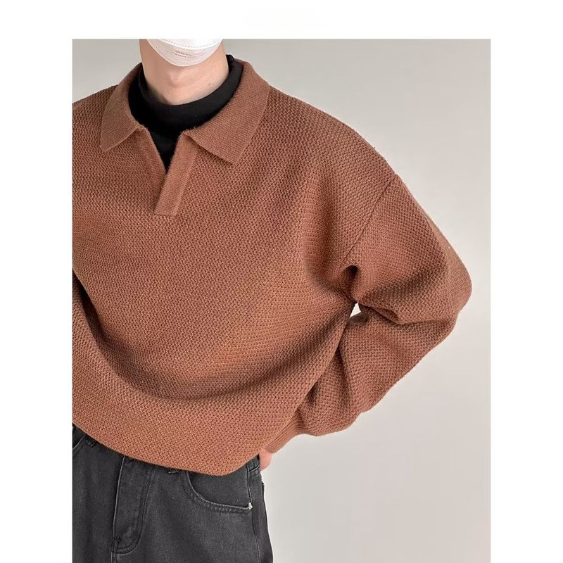 Herrenbekleidung V-Ausschnitt Pullover Pullover Dicke Nadel Revers Polo Langarm Einfarbig Frühling und Herbst Tops_voghion.com