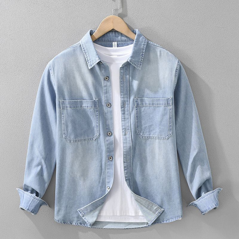 Camicia a maniche lunghe in denim retrò da uomo, alla moda e versatile, top ampio e casual._voghion.com