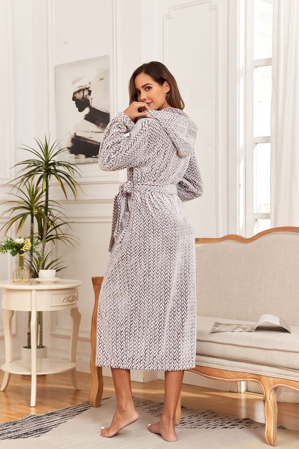 Autumn And Winter Simple And Comfortable Gray Leopard Print Large Pocket Long Bathrobe Bathrobe_voghion.com