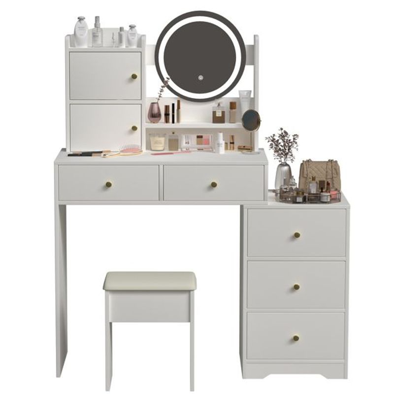 47' Vanity Desk With Mirror And Lights For Makeup And Cushioned Stool, Vanity Mirror With Lights And Table Set With 3 Color Lighting Brightness Adju_voghion.com